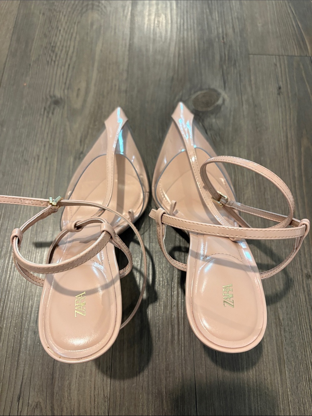 Zara T Strap Blush Nude Pointed Toe Ankle-Strap Heels with Clear Vamp Size 39 - Picture 10 of 11